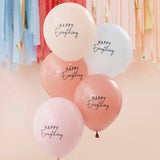 Five 12" pastel balloons in red, pink, blue, and peach with a 'Happy Everything' print for festive celebrations.