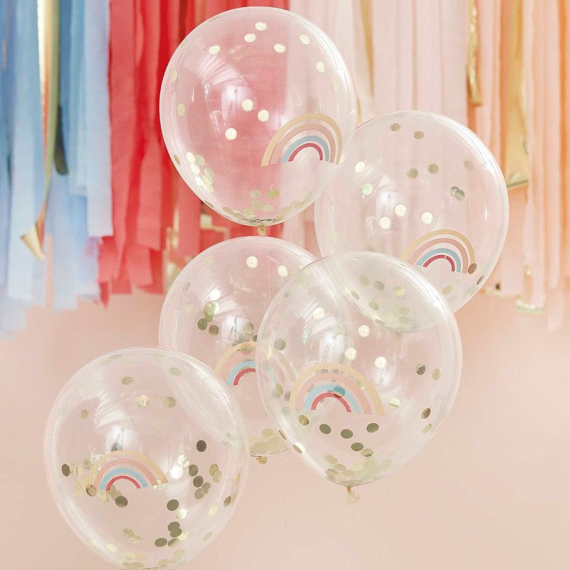 Colorful 12-inch latex balloons with a rainbow print and gold confetti, perfect for festive celebrations and parties.