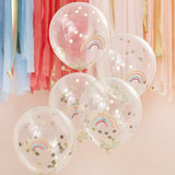 Colorful 12-inch latex balloons with a rainbow print and gold confetti, perfect for festive celebrations and parties.