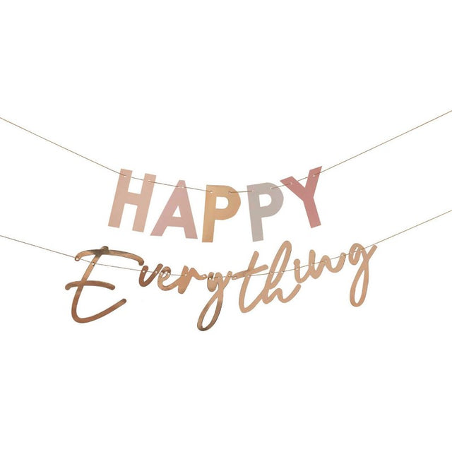 Pastel and gold 'Happy Everything' bunting, 1.5m strands on gold twine, perfect for elegant celebrations and festive occasions.