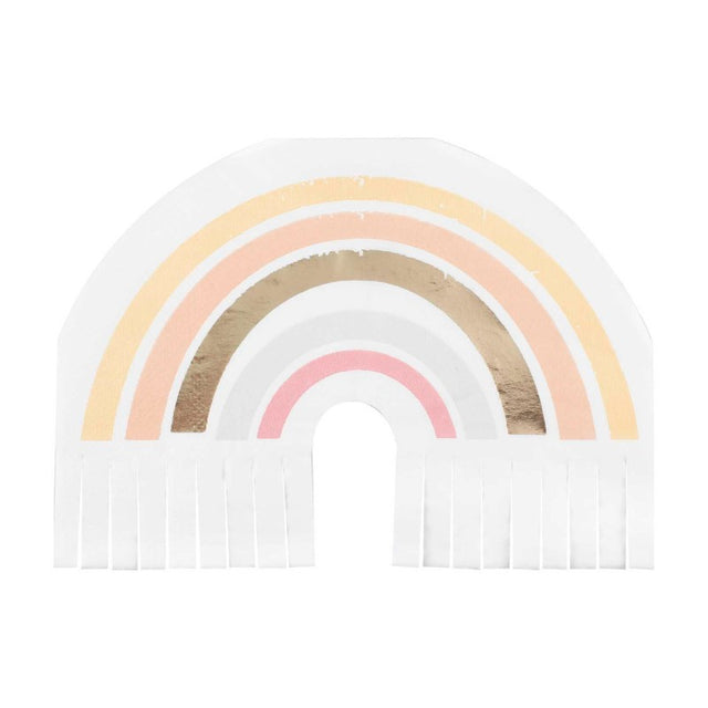 Colorful rainbow fringe napkins with gold foil accents, perfect for elevating celebrations and festive occasions. Pack of 16.