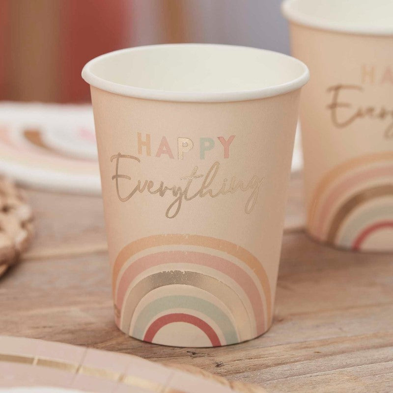 Pastel rainbow paper cups with gold foil accents, perfect for festive occasions, pack of 8, 9oz capacity each.