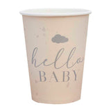 Hello Baby paper cups in cream and grey, 9oz size, ideal for baby showers, pack of 8, stylish and eco-friendly.