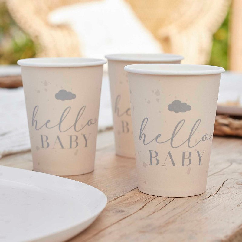 Hello Baby 9oz paper cups in cream and grey, pack of 8, perfect for baby showers and celebrations.