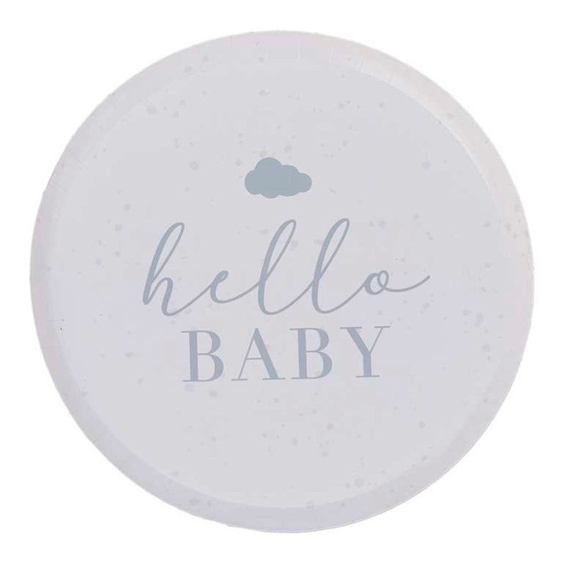 Hello Baby paper plates in speckled cream and grey, 25cm, pack of 8, perfect for stylish baby showers and easy cleanup.