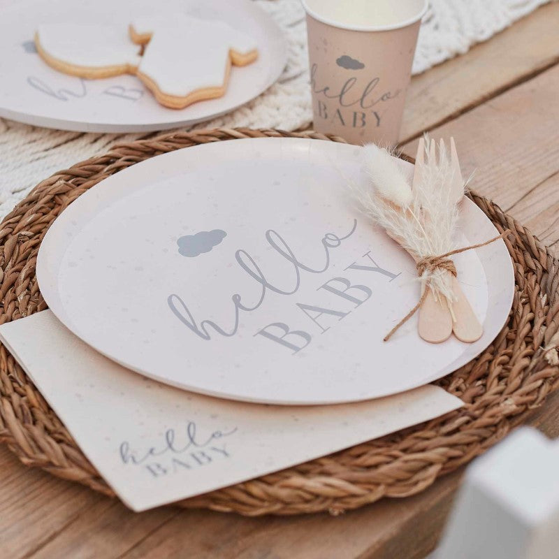 Speckled cream and grey paper plates, 25cm, perfect for baby showers; pack of 8, eco-friendly and stylish.