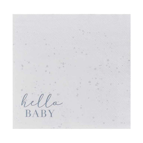 Hello Baby napkins in cream and grey with cloud design, perfect for baby showers, package of 16, 16.5cm square.