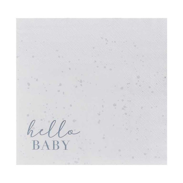 Hello Baby napkins in cream and grey with cloud design, perfect for baby showers, package of 16, 16.5cm square.