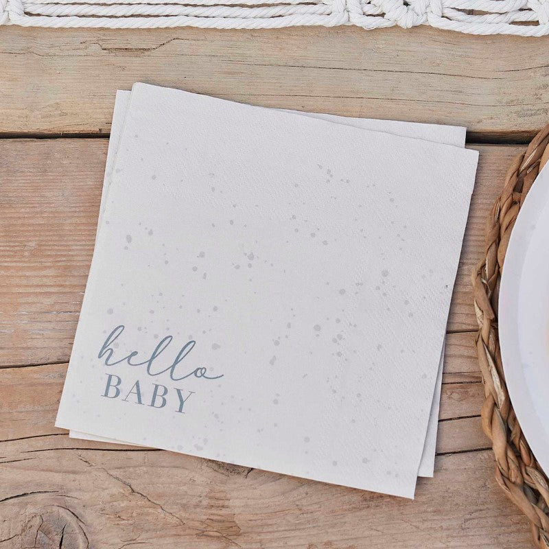 Hello Baby napkins in cream and grey with cloud design, perfect for baby showers, pack of 16, measuring 16.5cm x 16.5cm.