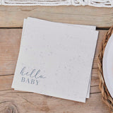 Hello Baby napkins in cream and grey with cloud design, perfect for baby showers, pack of 16, measuring 16.5cm x 16.5cm.