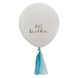 Hello Baby Big Brother Balloon, 18" white latex with 'Big Brother' print and blue tassels, ideal for celebrations.