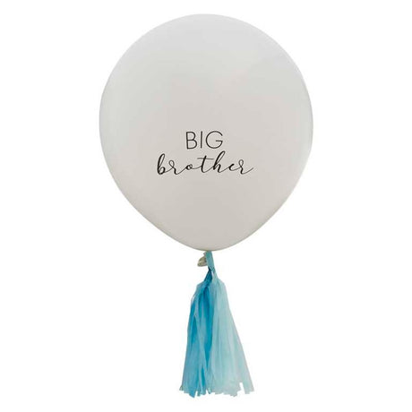 Hello Baby Big Brother Balloon, 18" white latex with 'Big Brother' print and blue tassels, ideal for celebrations.