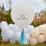 White 18" latex balloon with 'Big Brother' printed on both sides, featuring blue tassels for festive celebrations.