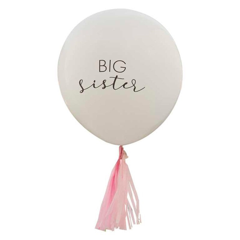 "18-inch white latex balloon with 'Big Sister' print and pink tassels, perfect for baby showers and celebrations."