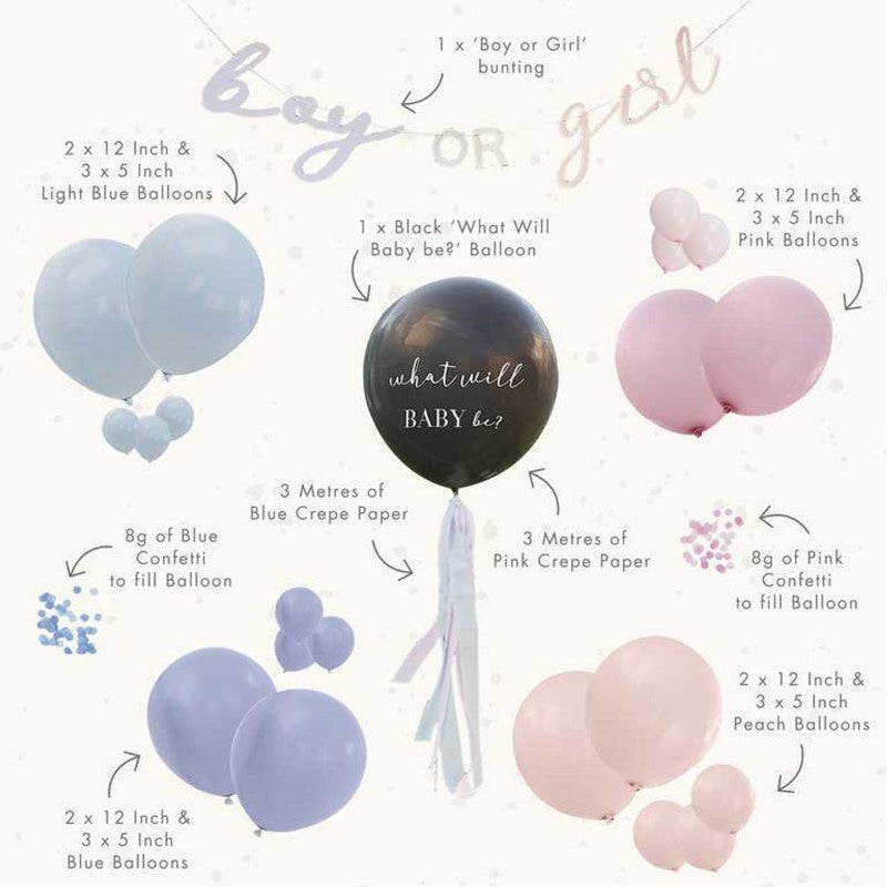 "Black gender reveal balloon kit with vibrant blue and pink balloons, confetti, and 'Boy or Girl' bunting for celebrations."