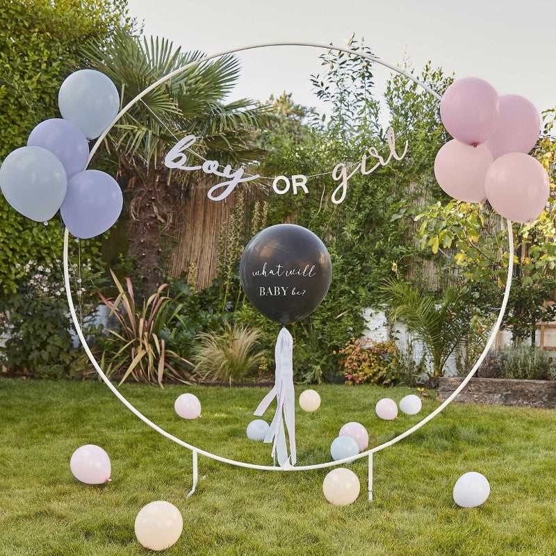 Gender reveal balloon kit featuring a large black balloon, colorful pink and blue balloons, confetti, and decorative bunting.