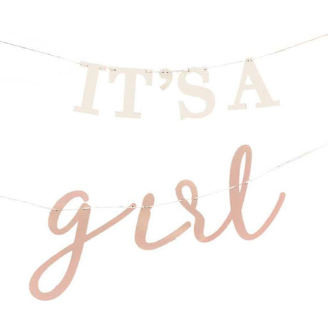 "1.5m white and blush 'It's A Girl' bunting, perfect for baby showers or gender reveals, adding elegance to celebrations."