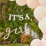 White and blush "It's A Girl" bunting, 1.5m long, perfect for baby showers and gender reveal parties.