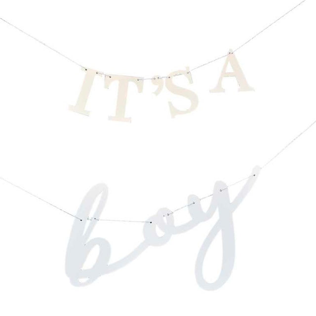 White and blue "It's A Boy" bunting, 1.5m long, perfect for baby showers and gender reveal parties.