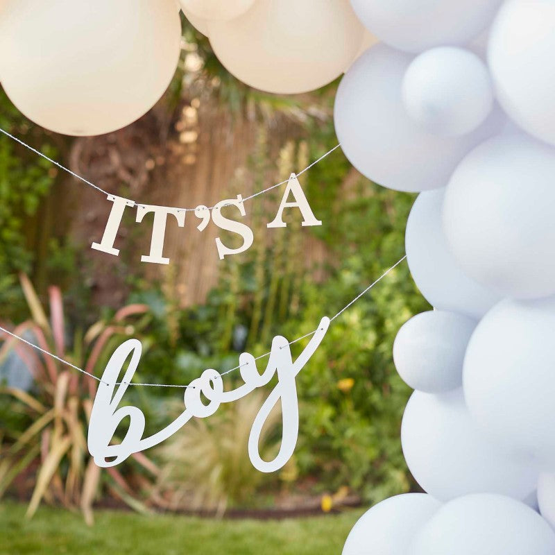 White and blue "It's A Boy" bunting, 1.5m, perfect for baby showers and gender reveals.