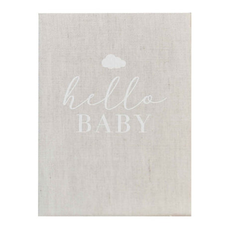 Elegant neutral linen baby journal measuring 22.5cm x 16.5cm, perfect for capturing early milestones and memories.