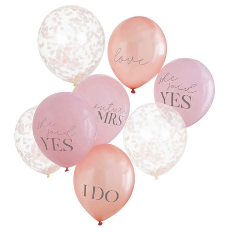 Mixed pack of 8 vibrant hen party balloons featuring slogans and confetti for festive bridal celebrations.