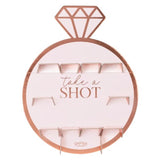 Rose gold drinks shot wall for hen parties, featuring 10 holders and stylish design, perfect for serving shots.