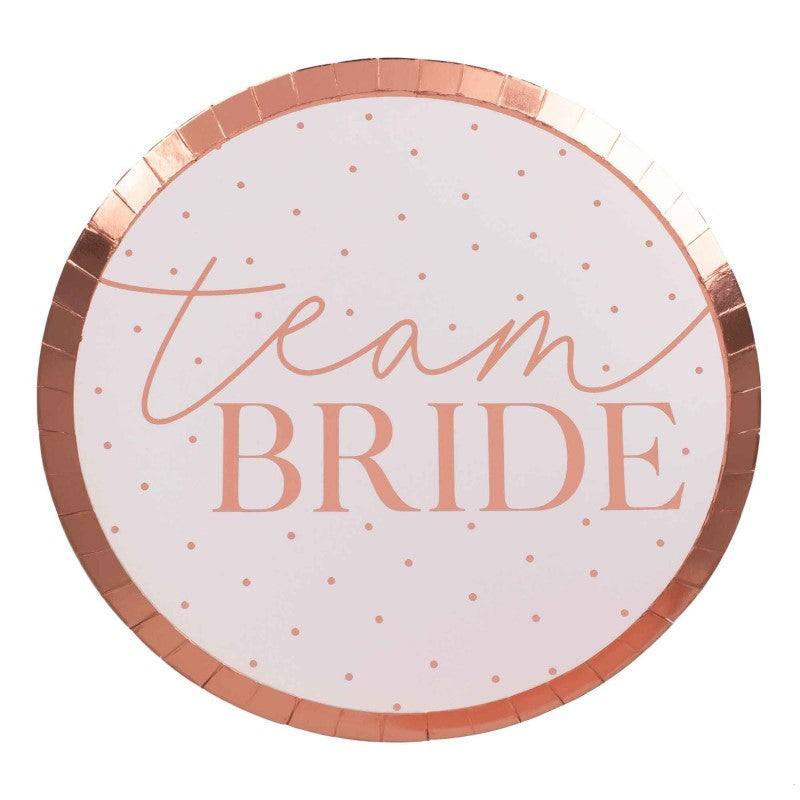 Stylish rose gold foil Team Bride plates in blush pink, perfect for hen parties; pack of 8, 25cm square.