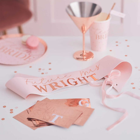 Personalised rose gold hen party sash with velvet ribbon, customizable with stickers, perfect for bride-to-be celebrations.