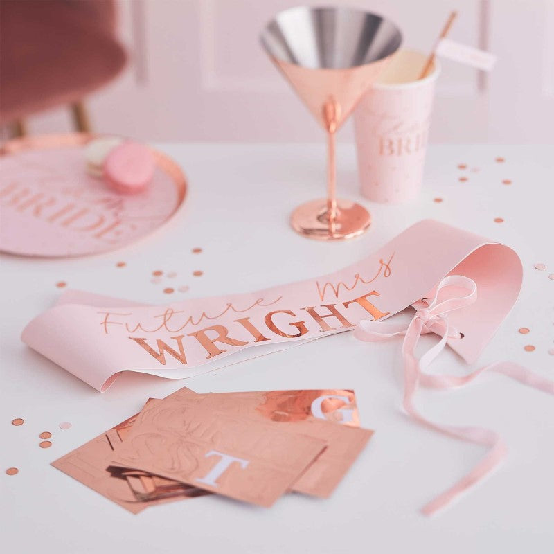 PERSONALISED ROSE GOLD HEN PARTY BRIDE TO BE SASH 10cm(H) x 77cm(W)