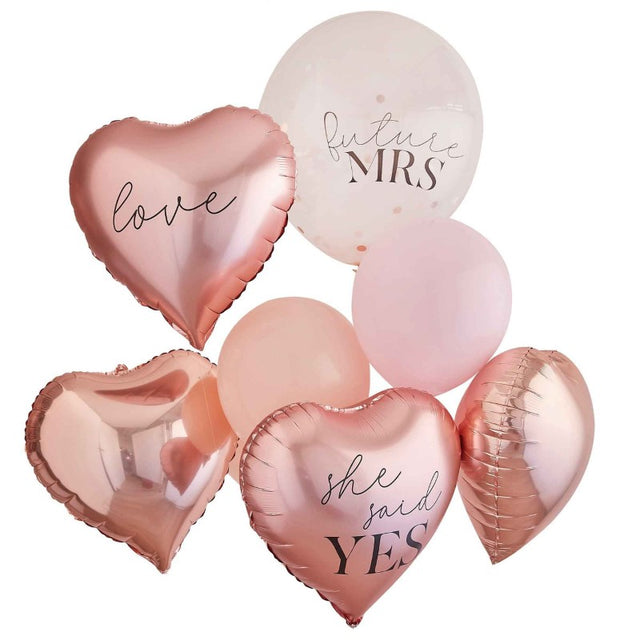 Rose gold balloons bundle with heart designs and ‘Future Mrs’ print, ideal for hens parties and engagement celebrations.