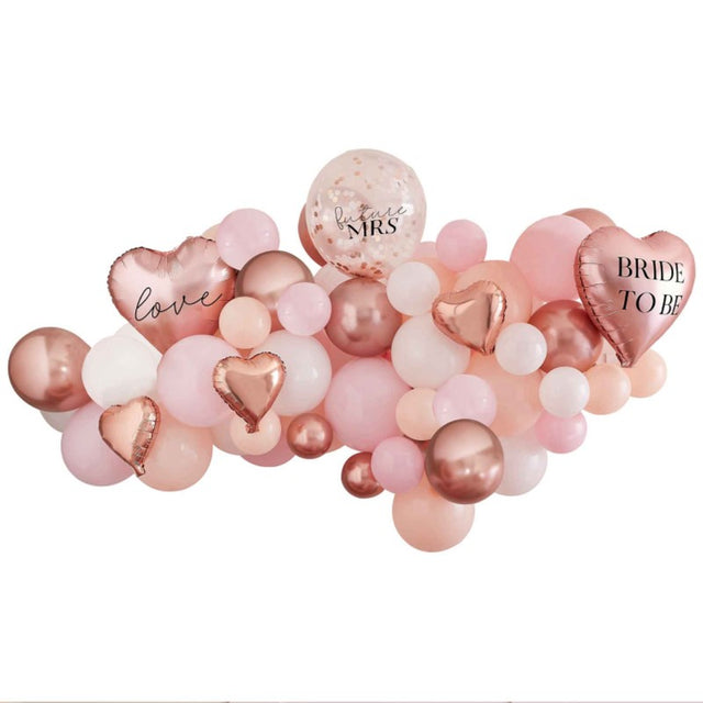 Elegant balloon arch kit in pink, white, peach, and rose gold for hens party, featuring 80 balloons and decorative elements.