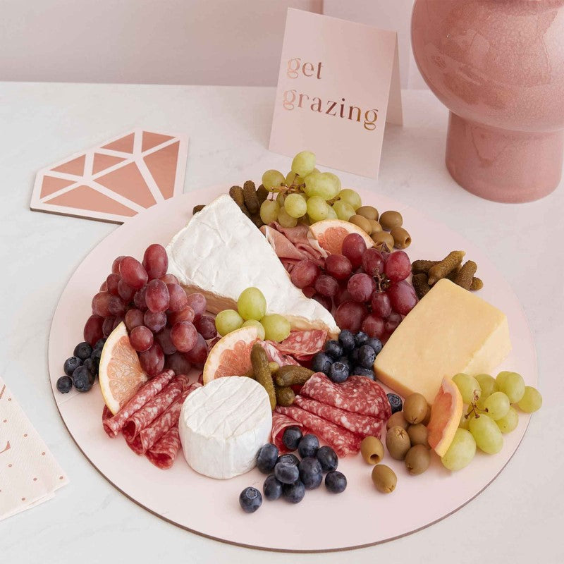 Rose gold and pink cardboard grazing board kit, 50cm H x 39cm W, perfect for parties with decorative 'Get Grazing' card.