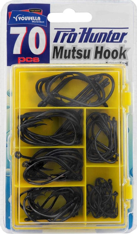 Pro Hunter Mutsu Hook Pack with 70 assorted hooks for enhanced fishing success in fresh and saltwater environments.