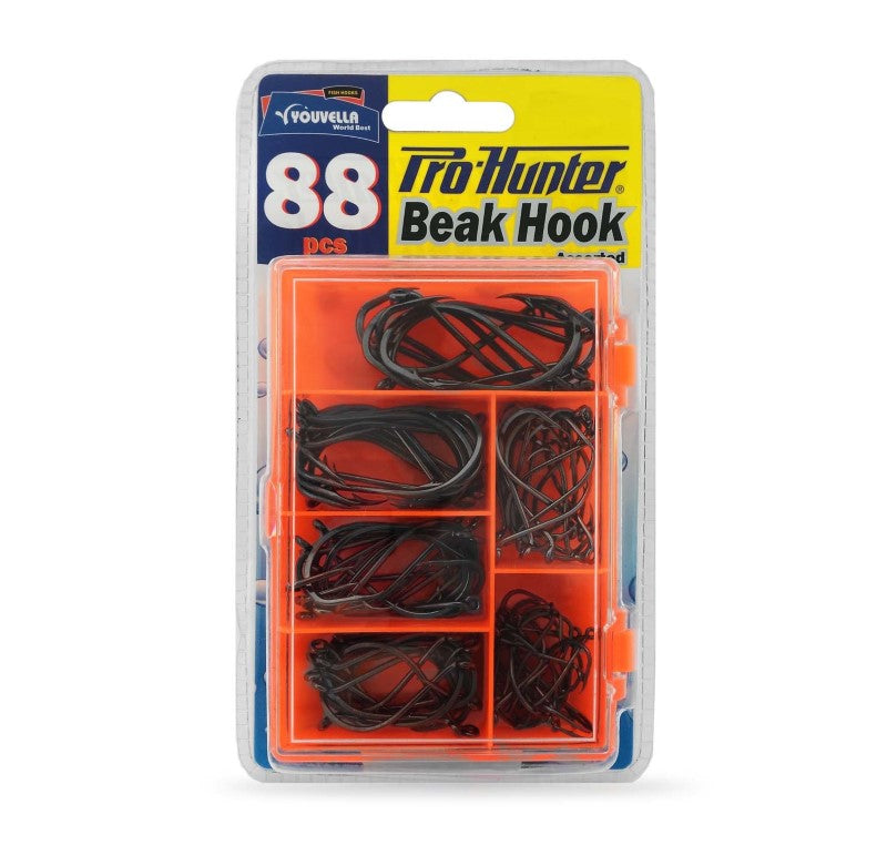 Pro Hunter Beak Hook Pack contains 88 assorted black beak hooks for versatile freshwater and saltwater fishing.