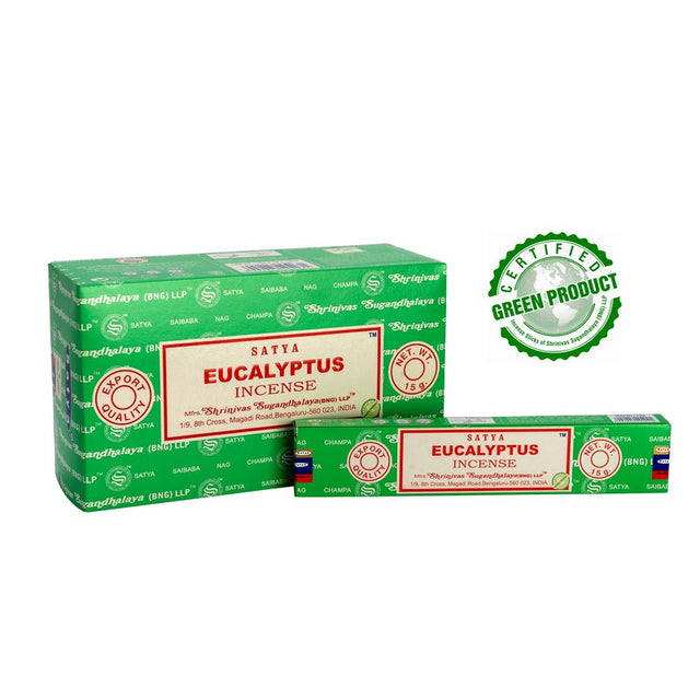 Pack of 12 Satya Eucalyptus incense sticks for meditation, wellness, and uplifting ambiance with refreshing aroma.