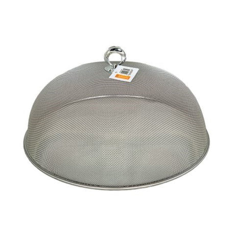 Stainless steel mesh food cover dome (35cm) to protect meals from pests while allowing airflow, ideal for outdoor dining.