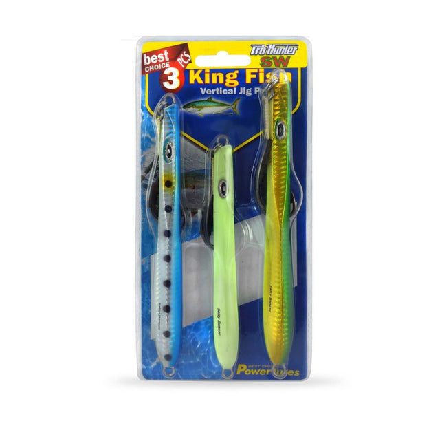 Pro Hunter Kingfish Vertical Jig Lure Kit showcasing vibrant jigs designed for targeting kingfish and game fish effectively.