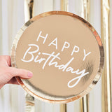 Gold foiled birthday plates, pack of 8, measuring 24cm, perfect for elegant party celebrations and impressive table settings.