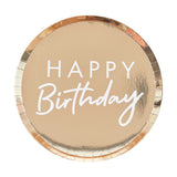 Gold Foiled Happy Birthday Plates, pack of 8, 24cm, perfect for stylish serving at birthday celebrations.