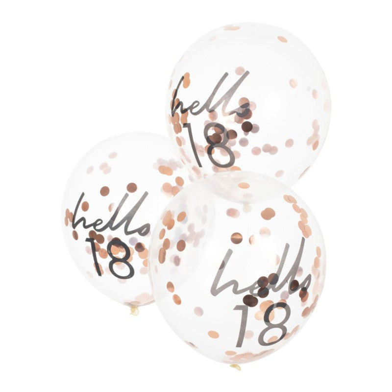 Rose gold confetti-filled 'Hello 18' balloons, 30cm, ideal for glamorous 18th birthday celebrations, pack of 5.