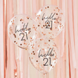 Rose gold confetti-filled 'Hello 21' balloons, 30cm, in a pack of 5, perfect for glamorous 21st birthday celebrations.