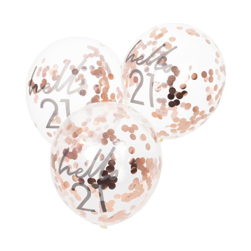 Rose gold confetti-filled balloons that add glamour to 21st birthday celebrations, sold in a pack of five.