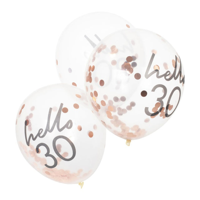 Rose gold confetti-filled balloons with 'Hello 30' design, perfect for celebrating a 30th birthday milestone. Pack of 5.