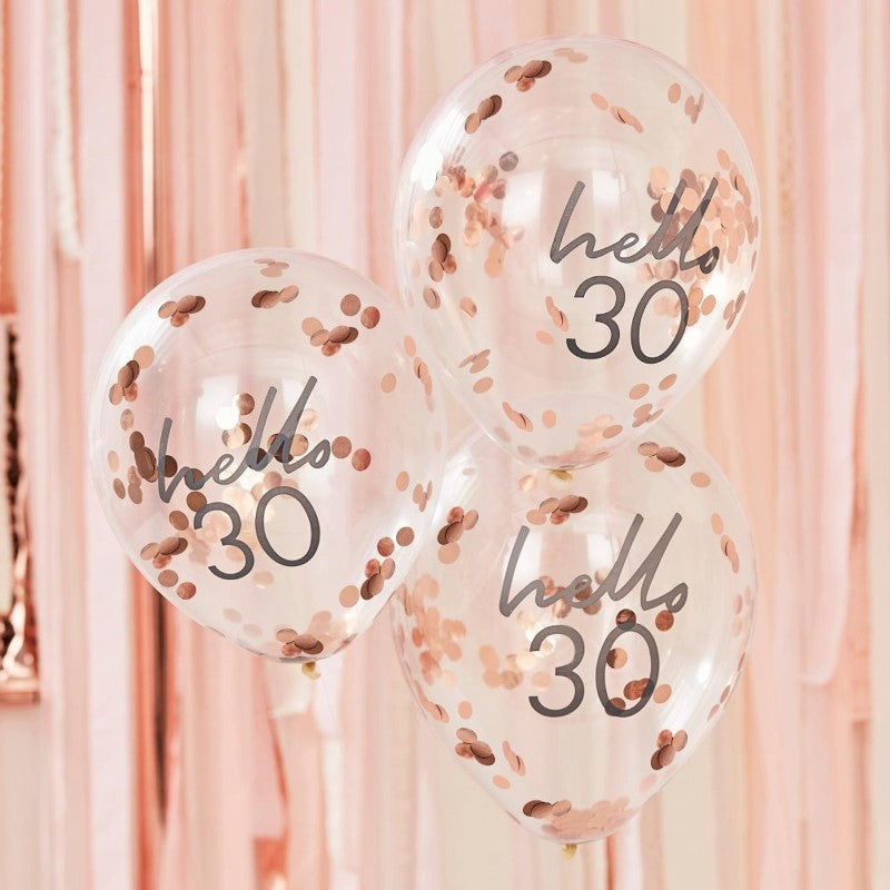 Rose gold confetti-filled 'Hello 30' balloons, 30cm, perfect for 30th birthday celebrations, pack of 5.