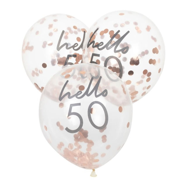 Rose gold confetti-filled 'Hello 50' balloons, 30cm, perfect for elegant 50th birthday celebrations, pack of 5.