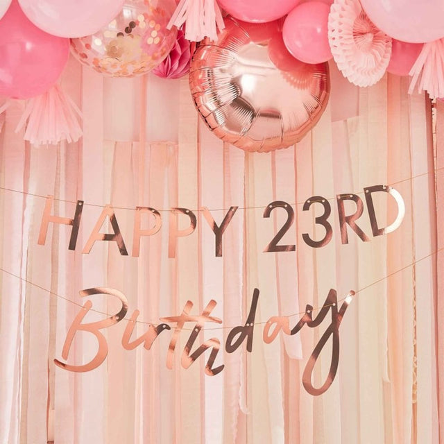 Elegant rose gold customisable birthday bunting, 3m long, featuring numbers for personalizing milestone celebrations.