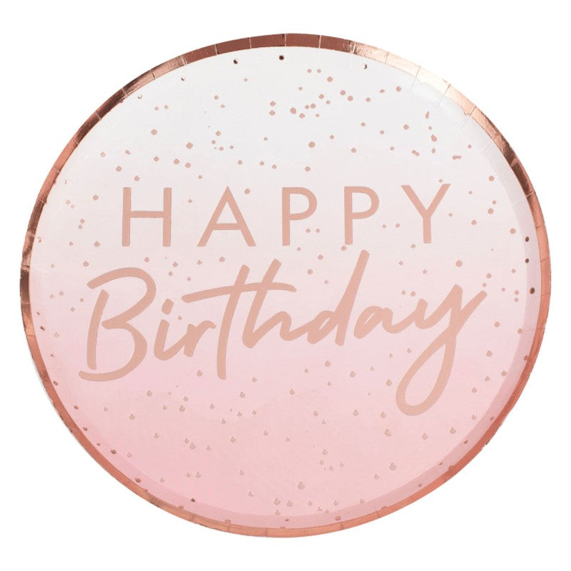 Happy Birthday Rose Gold Ombre Plates featuring soft colors and shimmering rose gold, perfect for elegant celebrations.