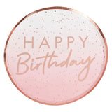 Happy Birthday Rose Gold Ombre Plates featuring soft colors and shimmering rose gold, perfect for elegant celebrations.