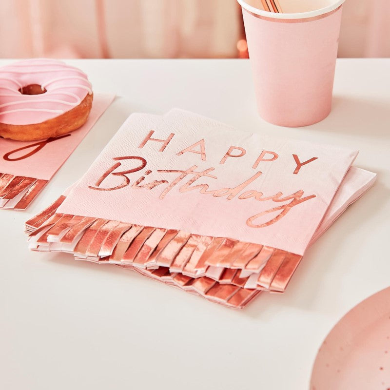 Stylish rose gold and pink ombre fringe paper napkins, perfect for birthday and wedding celebrations. Pack of 16.